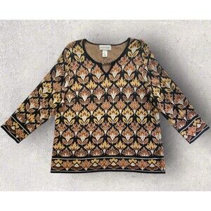 Alfred Dunner Sweater Size Large Floral Embroidered Gray Women's Long Sleeve